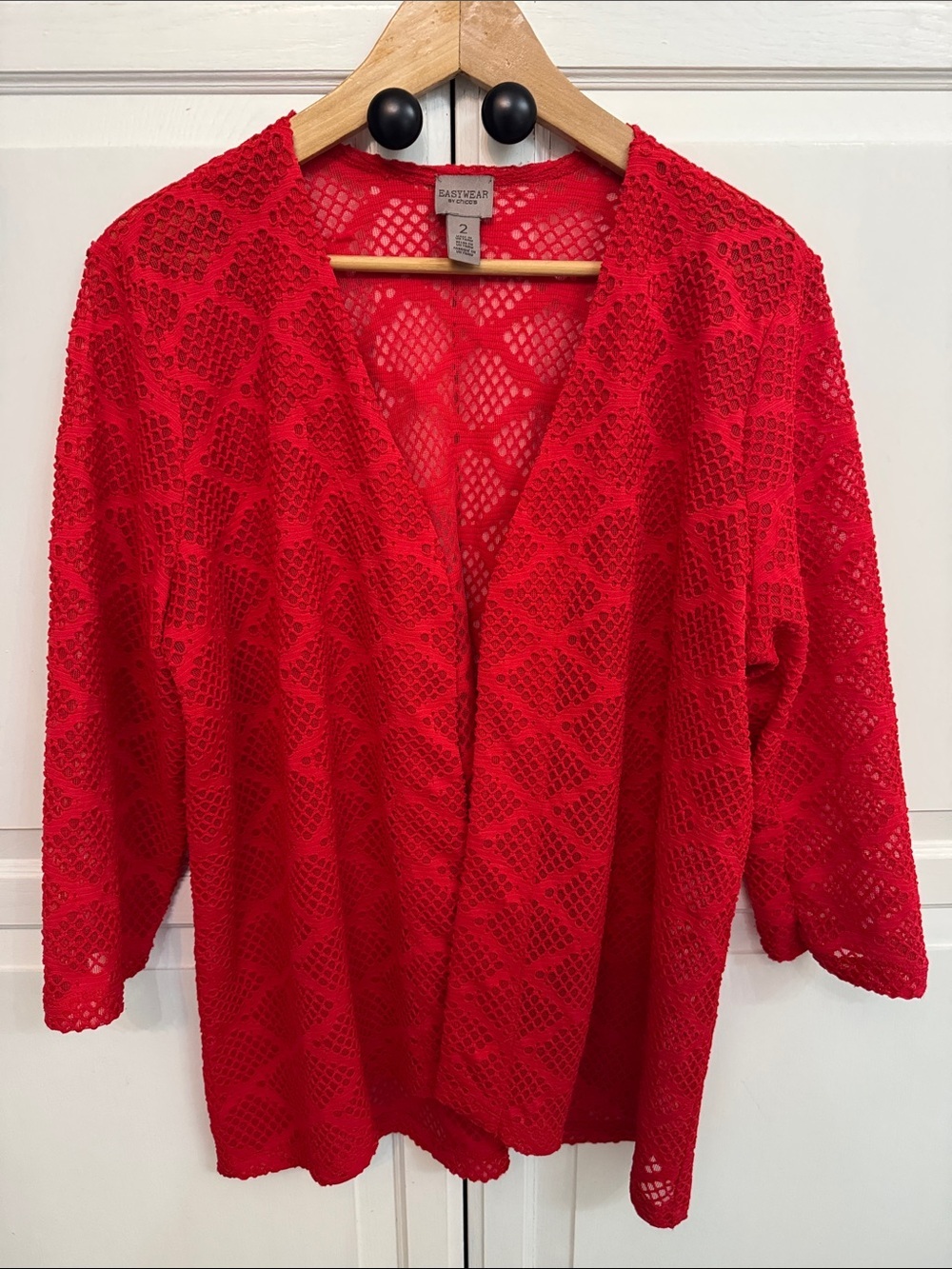 Chico's Easywear Red Crochet Sheer Open Cardigan. Size L (2).